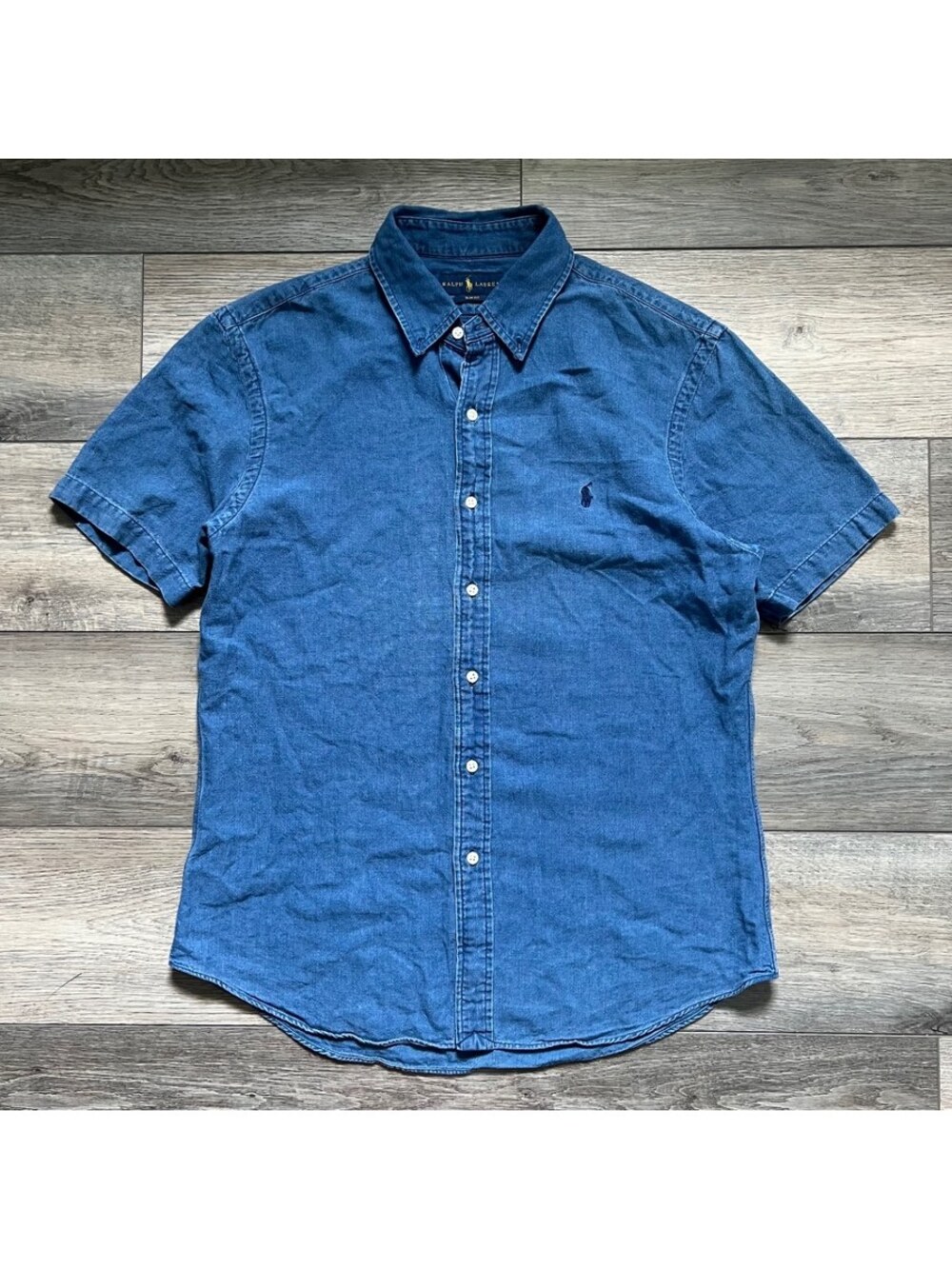 Polo Ralph Lauren Men's L Slim Fit Button Down Short Sleeve Cotton Shirt Blue